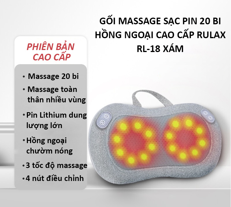 Gối Massage Nhiệt Hồng Ngoại Sạc Pin RULAX 20 Bi Xoay- Matxa Chuyên Sâu Cổ Vai Gáy, Lưng, Toàn Thân