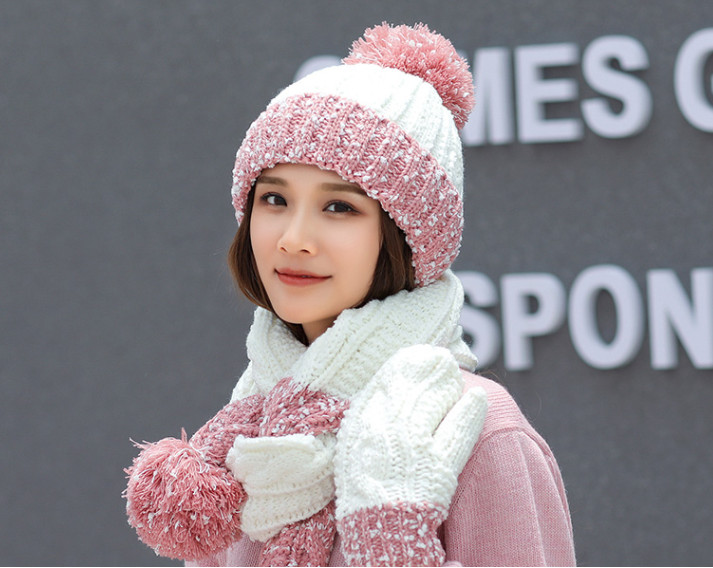Sét nón len nữ kèm khăn và găng tay phong cách Hàn, bộ mũ len nữ lót nỉ cao cấp