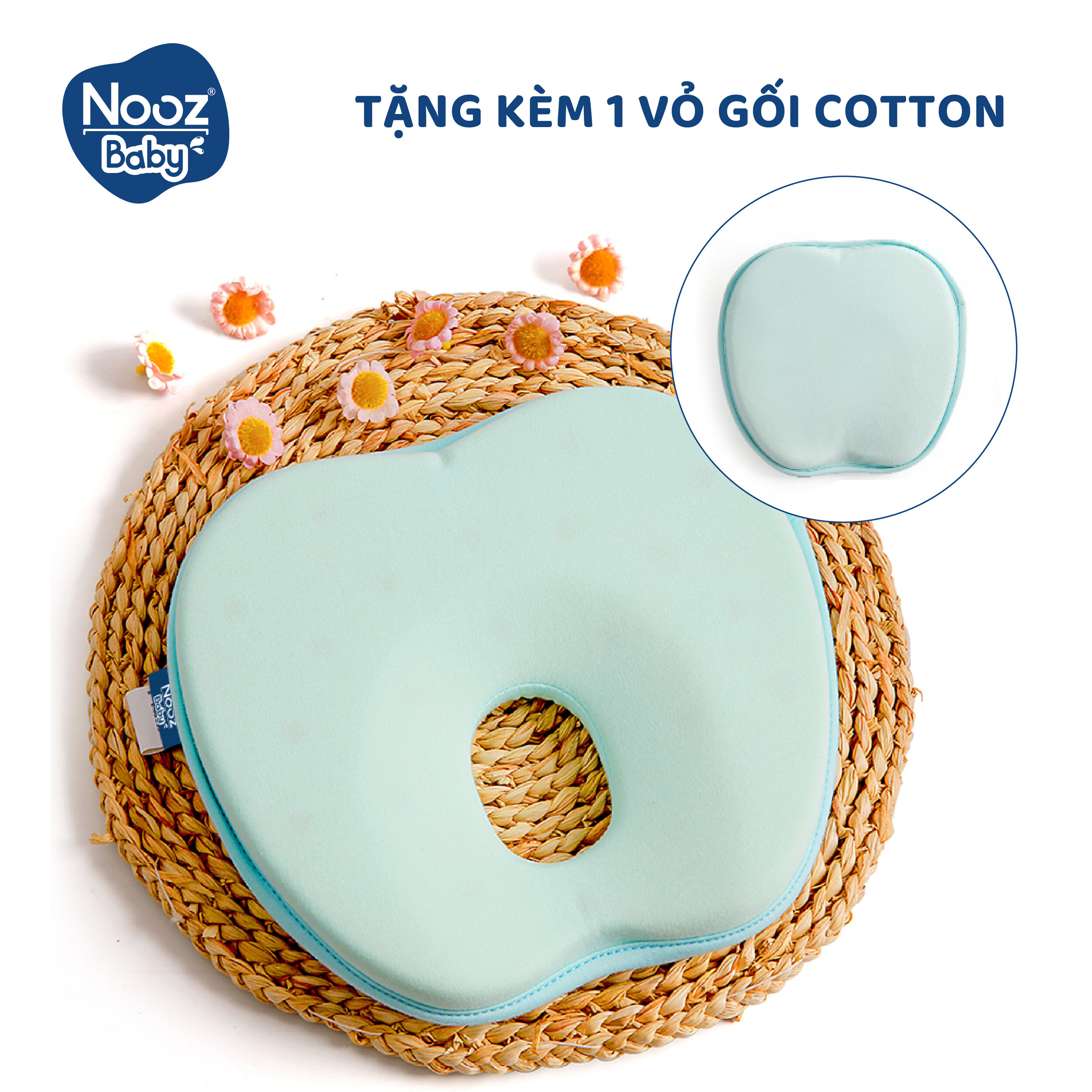 Gối Memory Foam Nooz Baby Cho Trẻ Sơ Sinh 0 -12 Tháng Tuổi - Giúp Bé Chống Gù Lưng, Bẹp, Méo Và Móp Đầu - Ruột Gối Cao Su Non Giặt Tay - Tặng Kèm 1 Vỏ Gối Cotton Rời - ( 24x22x3 cm)