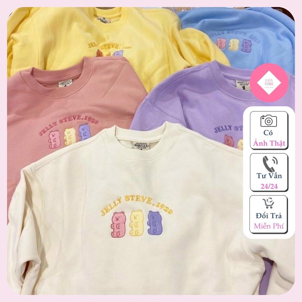 Áo Sweater Thêu Gấu Jelly Nỉ Ngoại Áo SWT Tay Phồng Chất Nỉ Unisex Mịn Đẹp