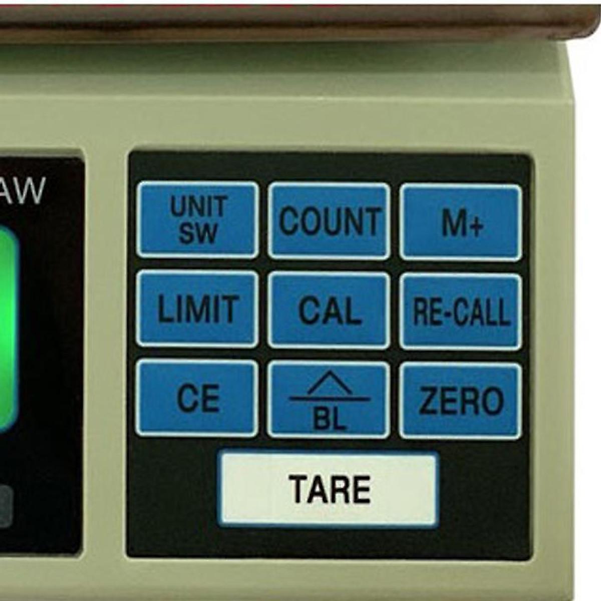 Bộ sản phẩm cân cảnh báo đèn còi gồm Cân điện tử thông dụng Vibra HAW, Mức cân 15kg, độ chia 0.5g và đèn còi HILOOK