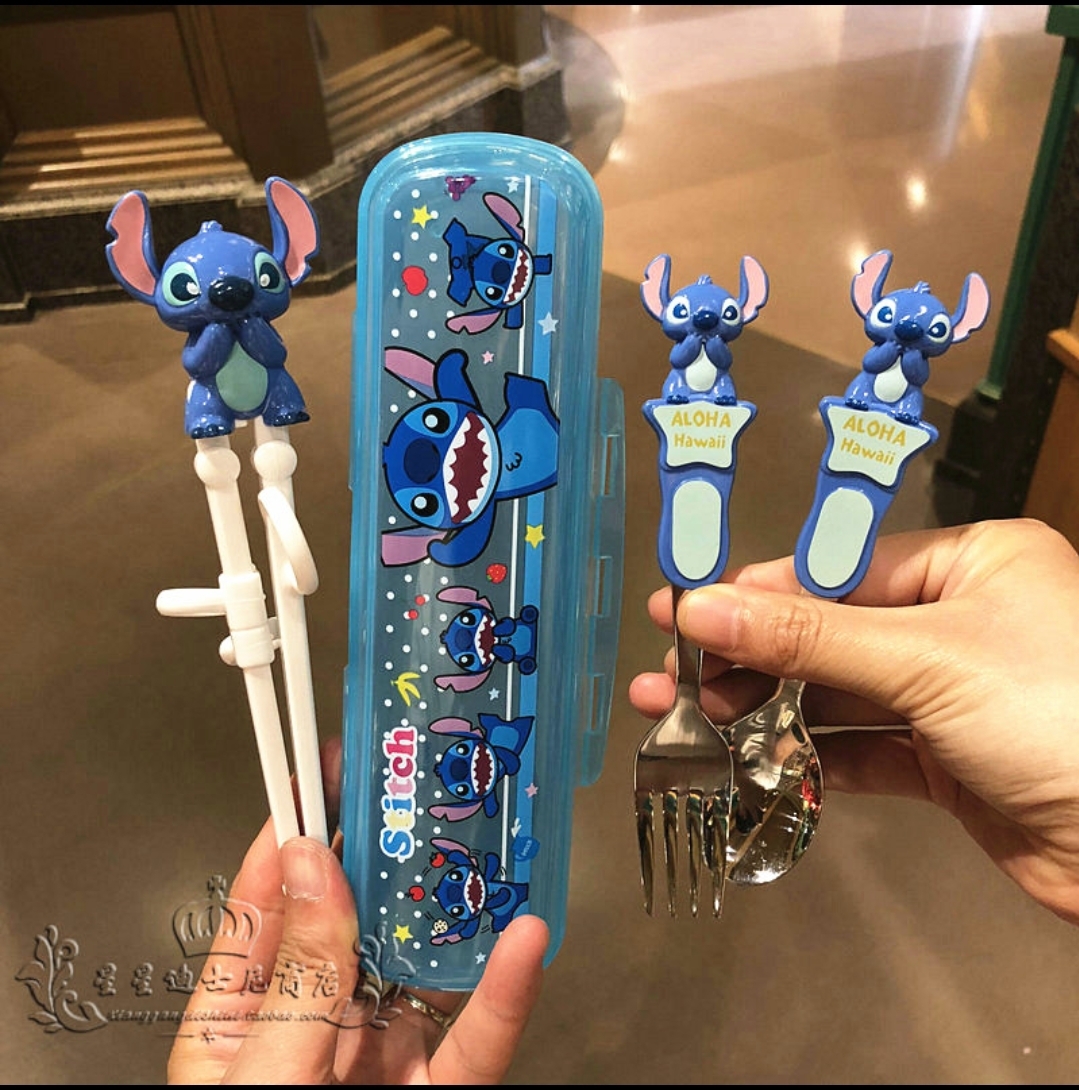 Set bộ 3 món muỗng + đũa + nĩa Disney hình Stitch tập ăn cao cấp cho trẻ em