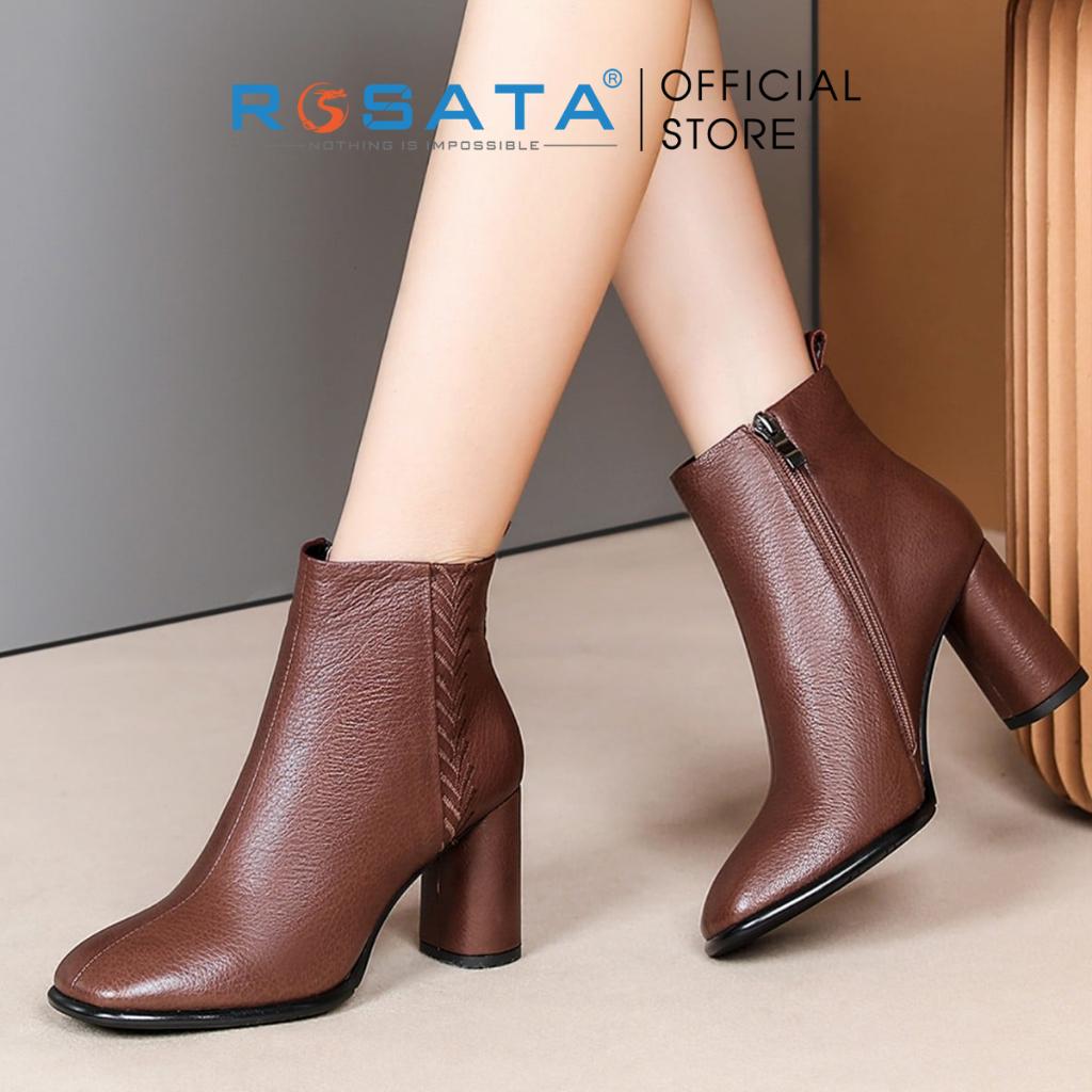 Giày bốt nữ cổ cao đế vuông 7 phân mũi nhọn khóa kéo ROSATA RO307 ( BẢO HÀNH 12 THÁNG ) - Nâu