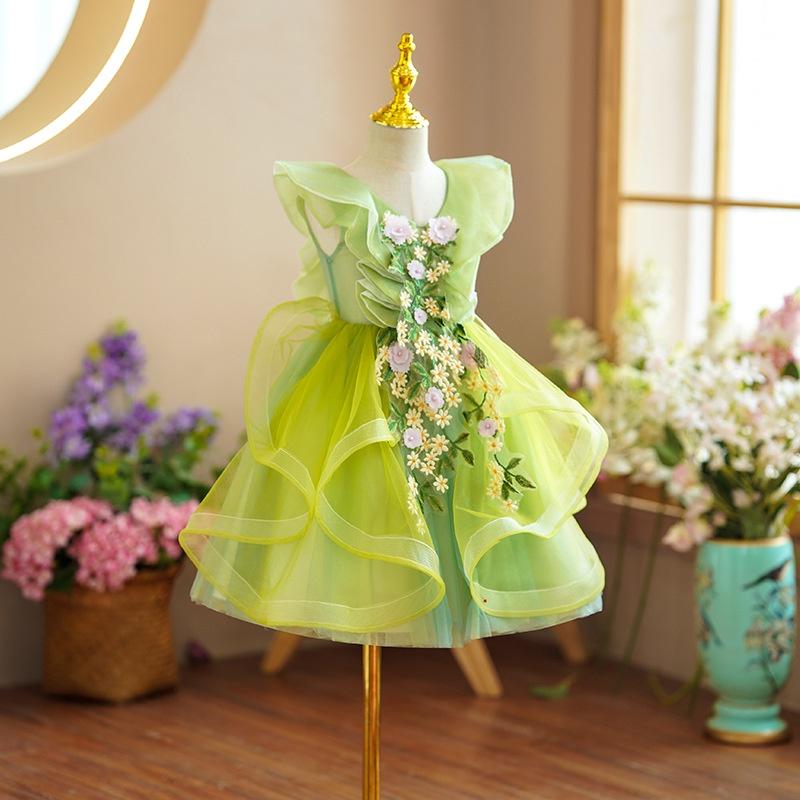 Đầm voan công chúa cho bé gái đính hoa màu xanh dự tiệc đẹp từ 15-35kg hàng Quảng Châu cao cấp0