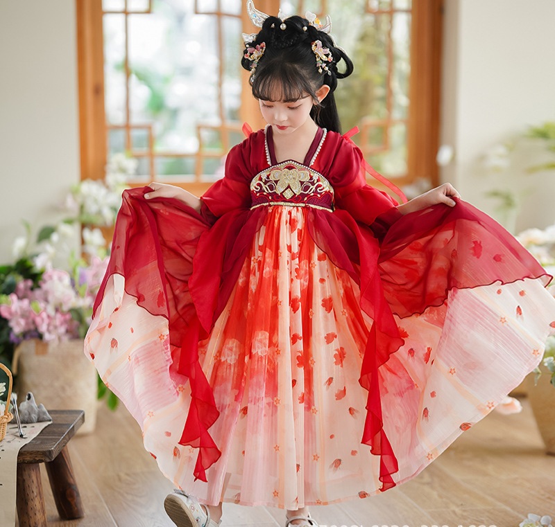 Đầm váy công chúa cổ trang hanfu thêu hoa cho bé gái diện lễ tết trung thu đẹp size 100-160kg hàng Quảng Châu