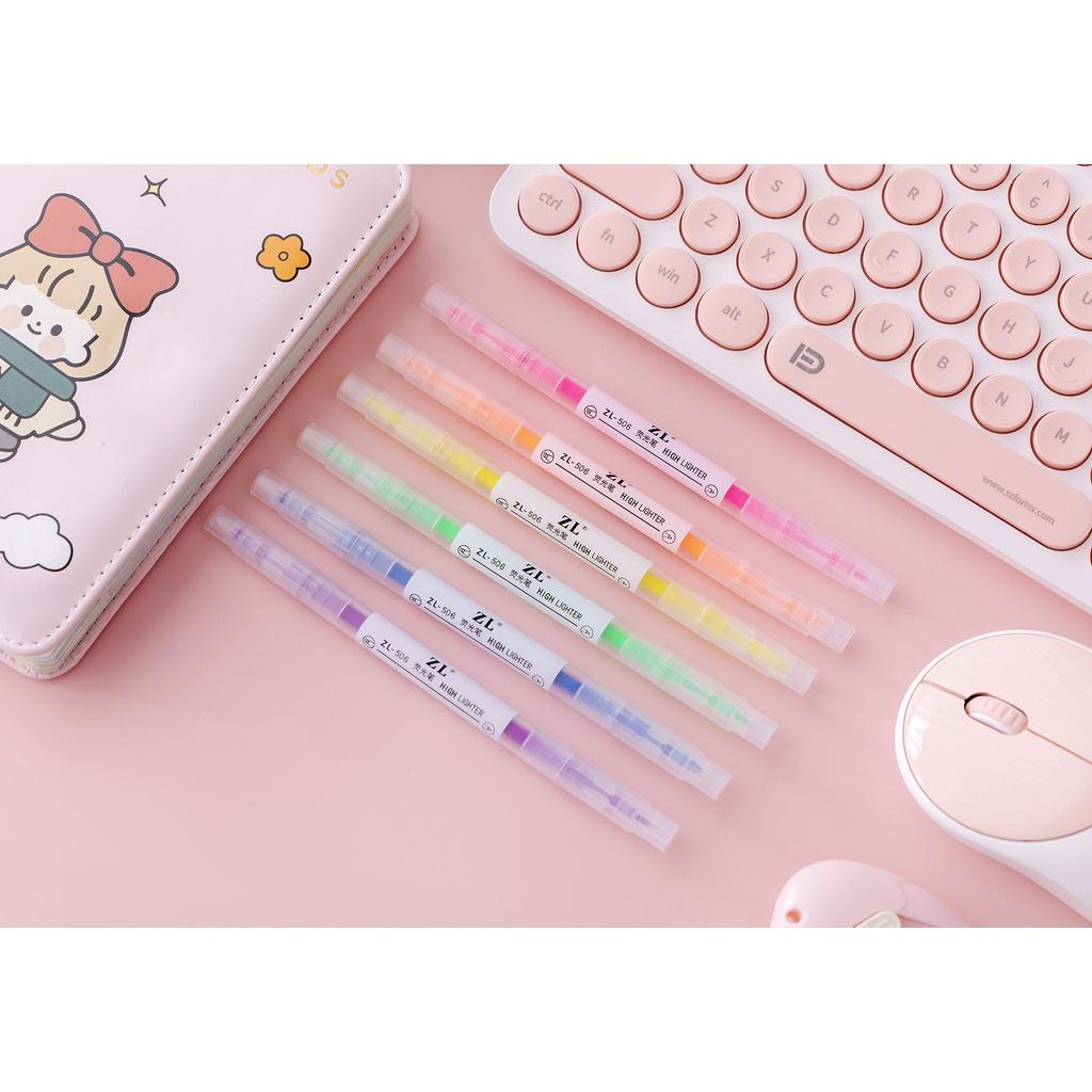 Bút nhớ highlight pastel 2 đầu nhiều màu gồm set 6 bút