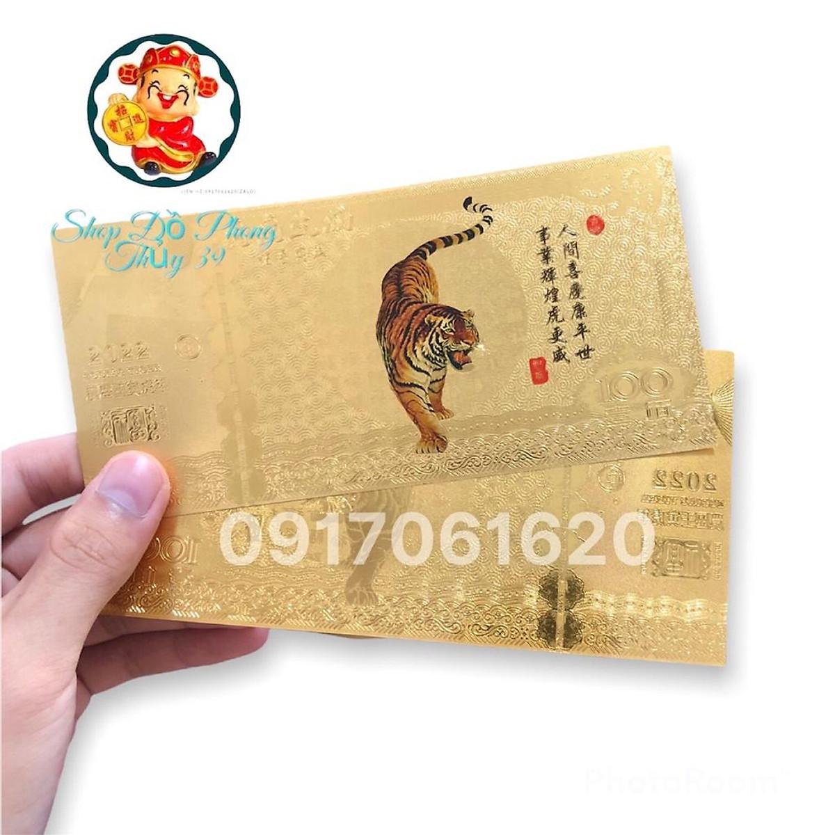 Sấp 100 Tờ Tiền Lưu Niệm Nhựa Plastic Mạ Vàng MẪU 1 In Màu Hình Con Cọp - Hổ Phong Thủy May Mắn Lì Xì Tết