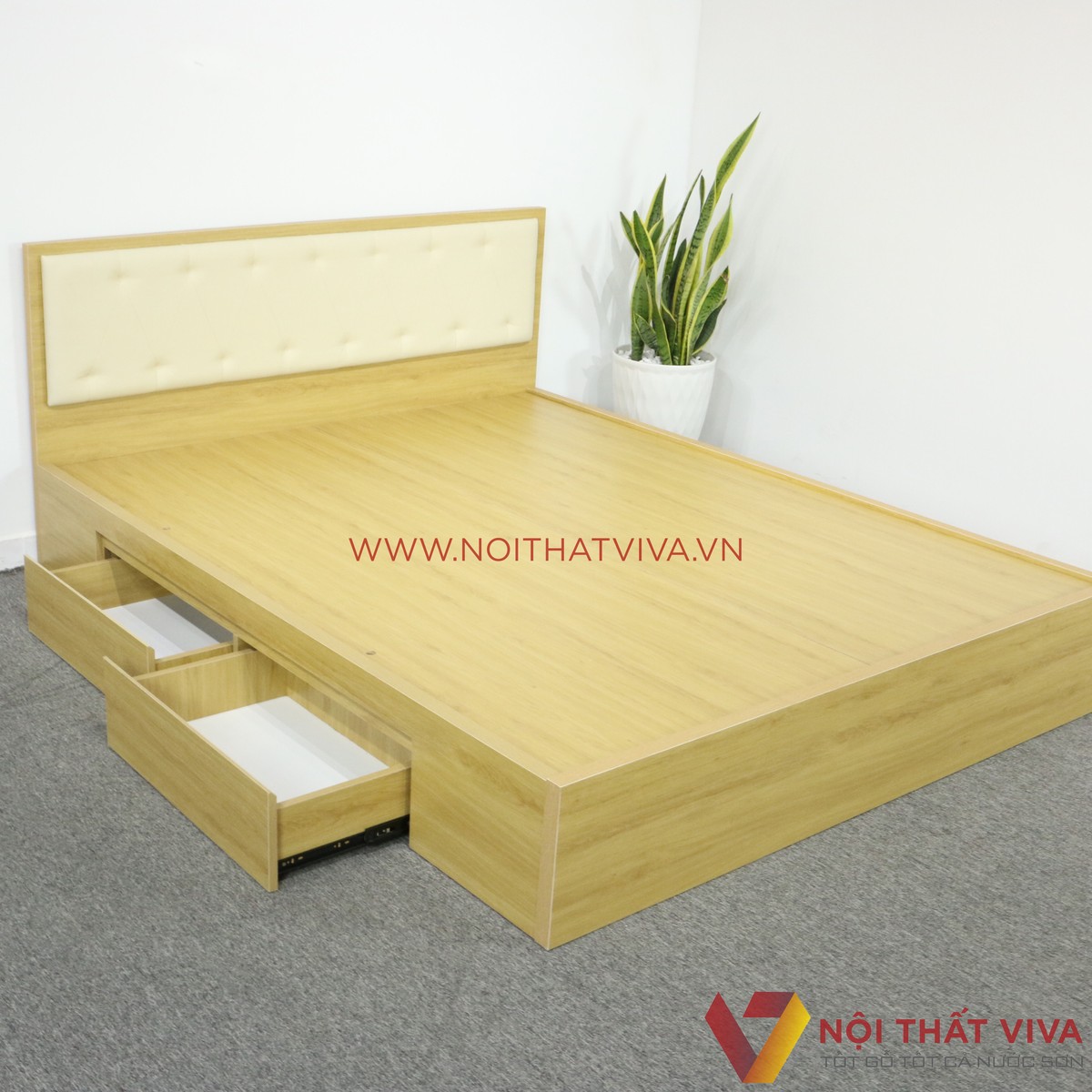 Giường Ngủ Gỗ MDF Melamine Màu Vàng Có Ngăn Kéo + Đầu Nệm Kem Đẹp