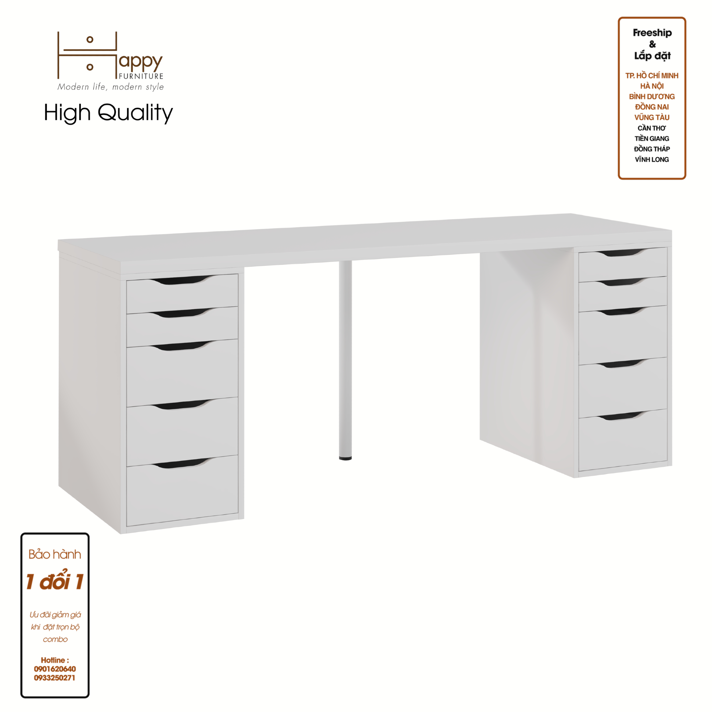 LIDA, Bàn làm việc 2 bên ngăn tủ - 2m x 60cm , 200cm x 60cm x 73cm , BAN_025