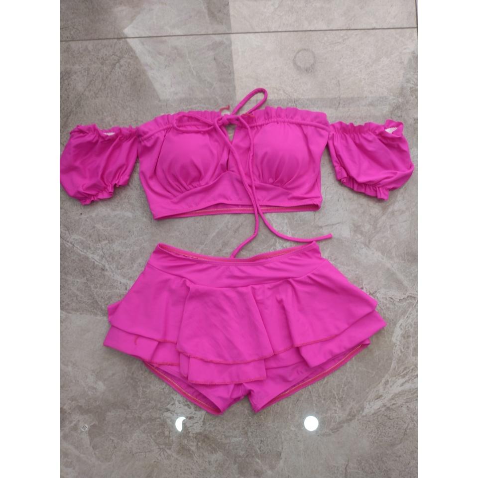 Bikini, đồ bơi đi biển 2 mảnh nữ áo tay phồng Hiền Hồ phối váy 2 tầng đẹp ODERI HM-070