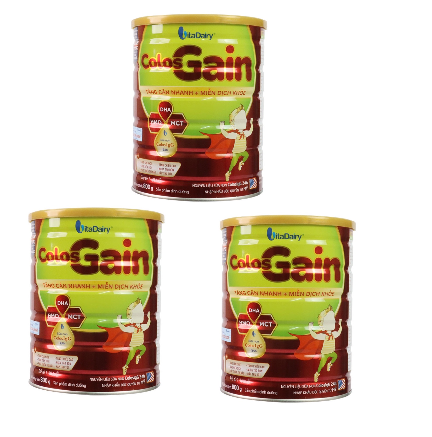 Combo 3 lon Sữa bột Vitadairy Colos Gain 1+ lon 800g cho Bé từ 1 đến 10 tuổi