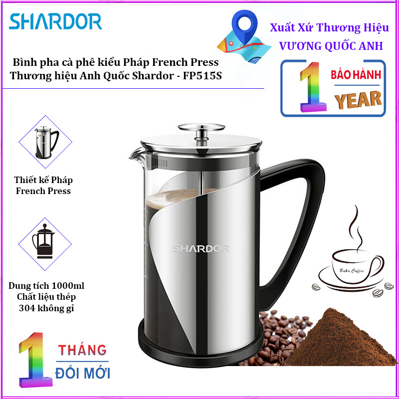 Bình pha cà phê kiểu Pháp French Press Shardor FP515S dung tích 1000ml. tích hợp hệ thống 4 bộ lọc cần gạt - Hàng Nhập Khẩu