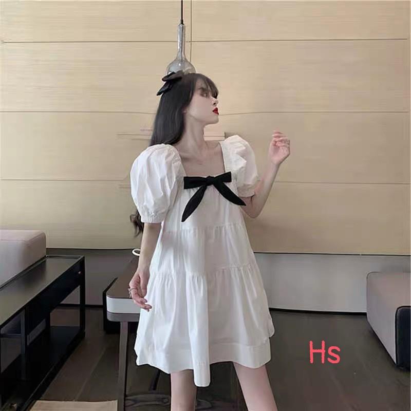 Váy Babydoll Công Chúa Nơ Ngực Siêu Xinh Đầm Trắng Nữ Tay Ngắn Cổ Rộng Nơ Đen