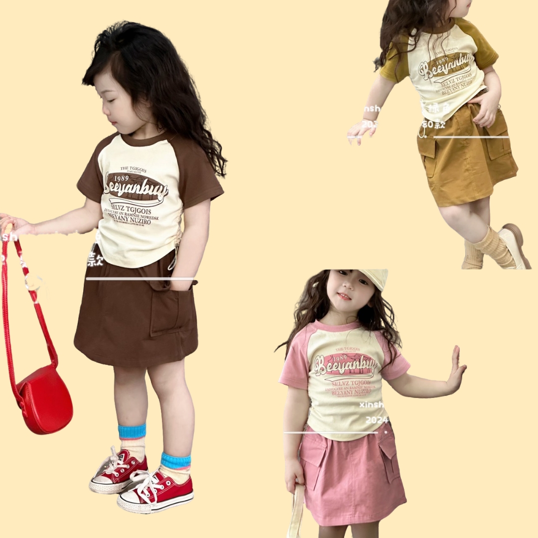 Set váy bé gái cộc tay 1-6 tuổi Beeyanbuy chân váy vải kaki thoáng mát thấm hút mồ hôi cao cấp kiểu dáng thời trang