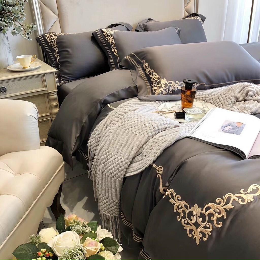 Bộ chăn ga gối cao cấp tencel 100s thêu hoàng gia 4 món ghi đậm