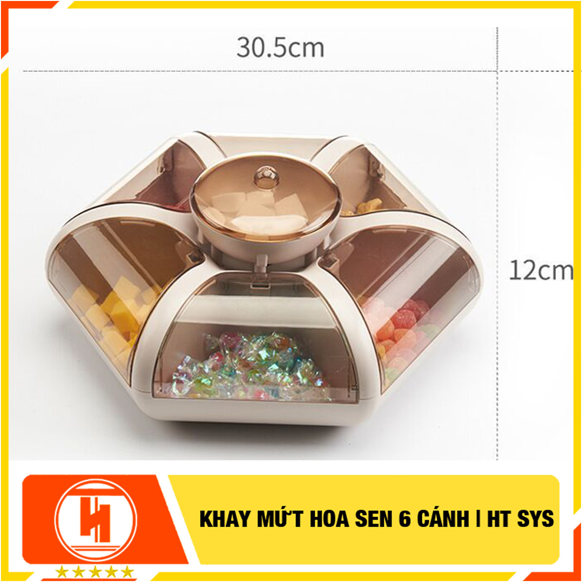 Khay mứt tết HT SYS -Thiết kế dạng hoa sen 6 cánh - Dạng nhấn nút - Chất liệu nhựa ABS và PP cao cấp (Giao màu ngẫu nhiên)