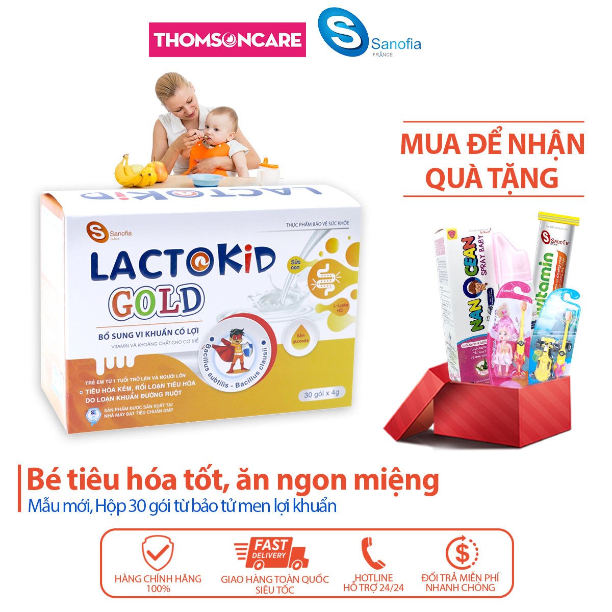 Men tiêu hóa Lactokid Gold Hộp 30 gói- Sanofia France- giúp bé ăn ngon miệng ,bổ sung lợi khuẩn, kẽm và vitamin- Thomsoncare
