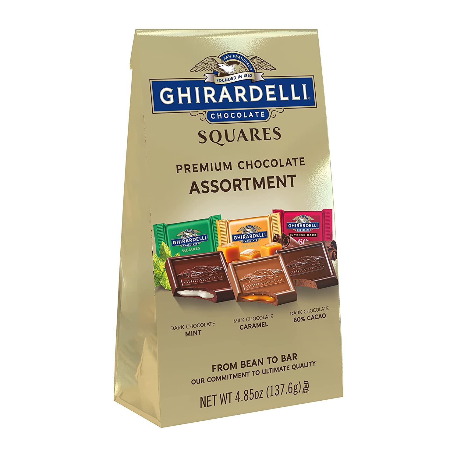 TÚI 3 LOẠI SOCOLA ĐEN - SỮA MIẾNG VUÔNG (Bạc hà Mint, Caramel, 60% Cacao) GHIRARDELLI Assorted Chocolate Squares, 137,6g