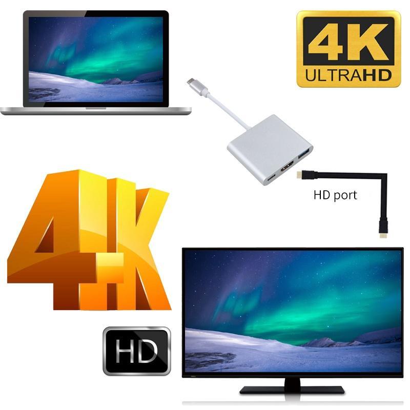 Cổng Sạc Đa Năng 3 Trong 1 Cổng USB 3.0 Type C Sang HDMI USB-C 4K Cho IOS Android