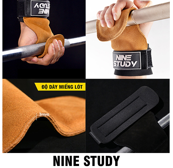 Găng tay tập Gym -Dây kéo lưng NINE STUDY - Hỗ trợ Deadlift, nâng tạ, lên xà