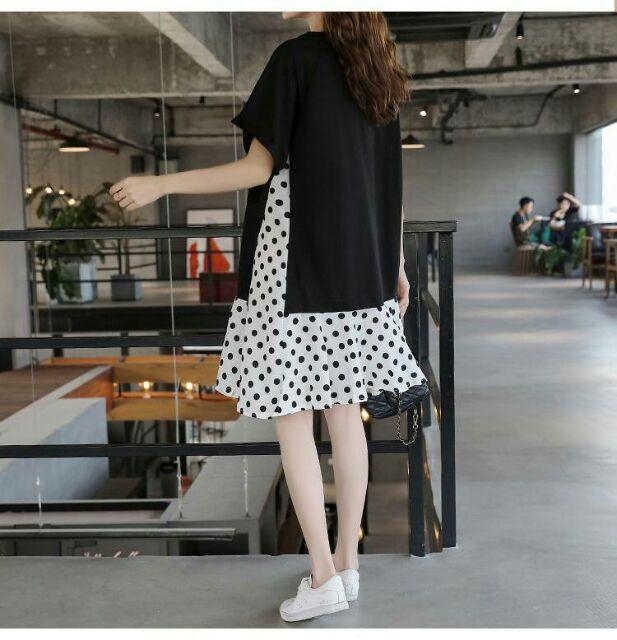 Đầm nữ dáng suông chấm bi, đầm thun nữ dáng suông