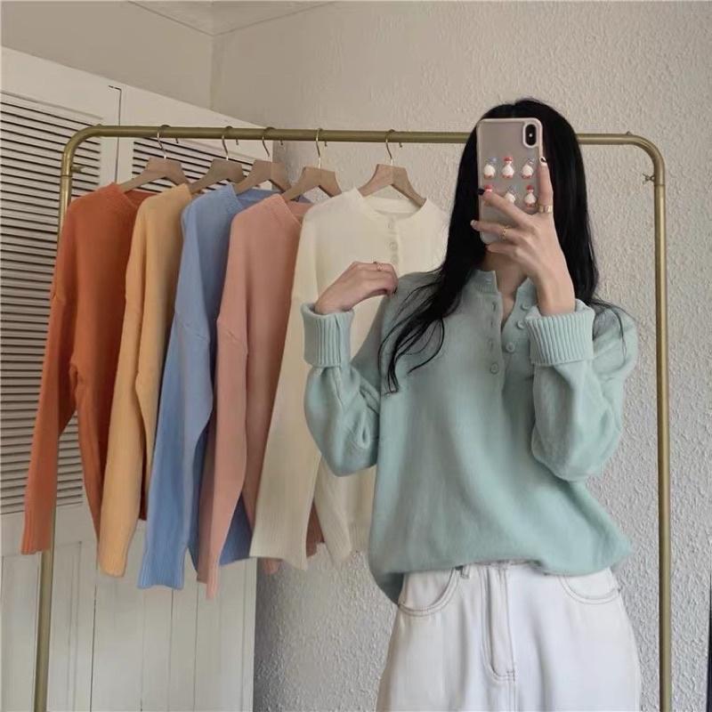 Áo len nữ cổ tròn đính hàng cúc kiểu dáng basic nhiều màu Áo len thu đông chất len mịn dễ phối đồ