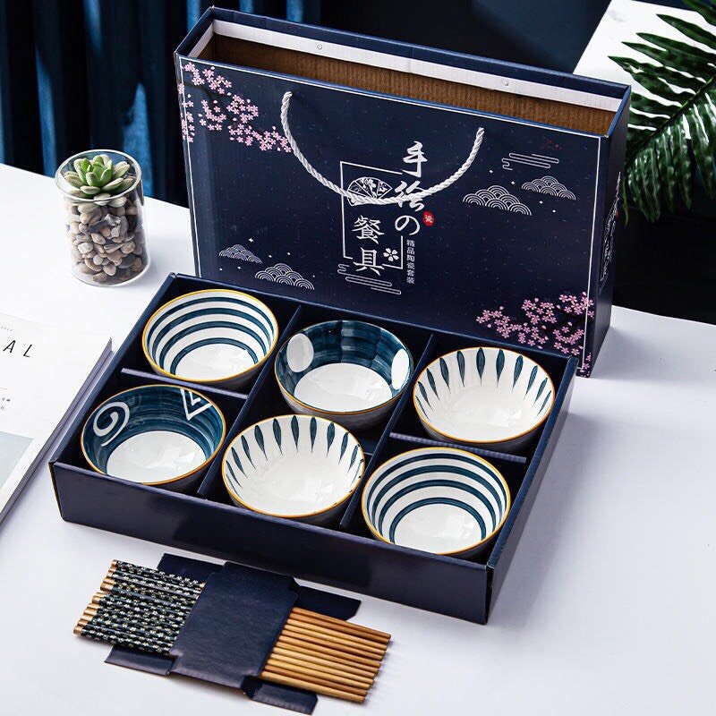 (tặng 06 đôi đũa trúc) Bộ Chén Bát Ăn Cơm Phong Cách Nhật Bản - Hộp đẹp, xách tay làm quà biếu lịch sự, trang nhã, ấn tượng