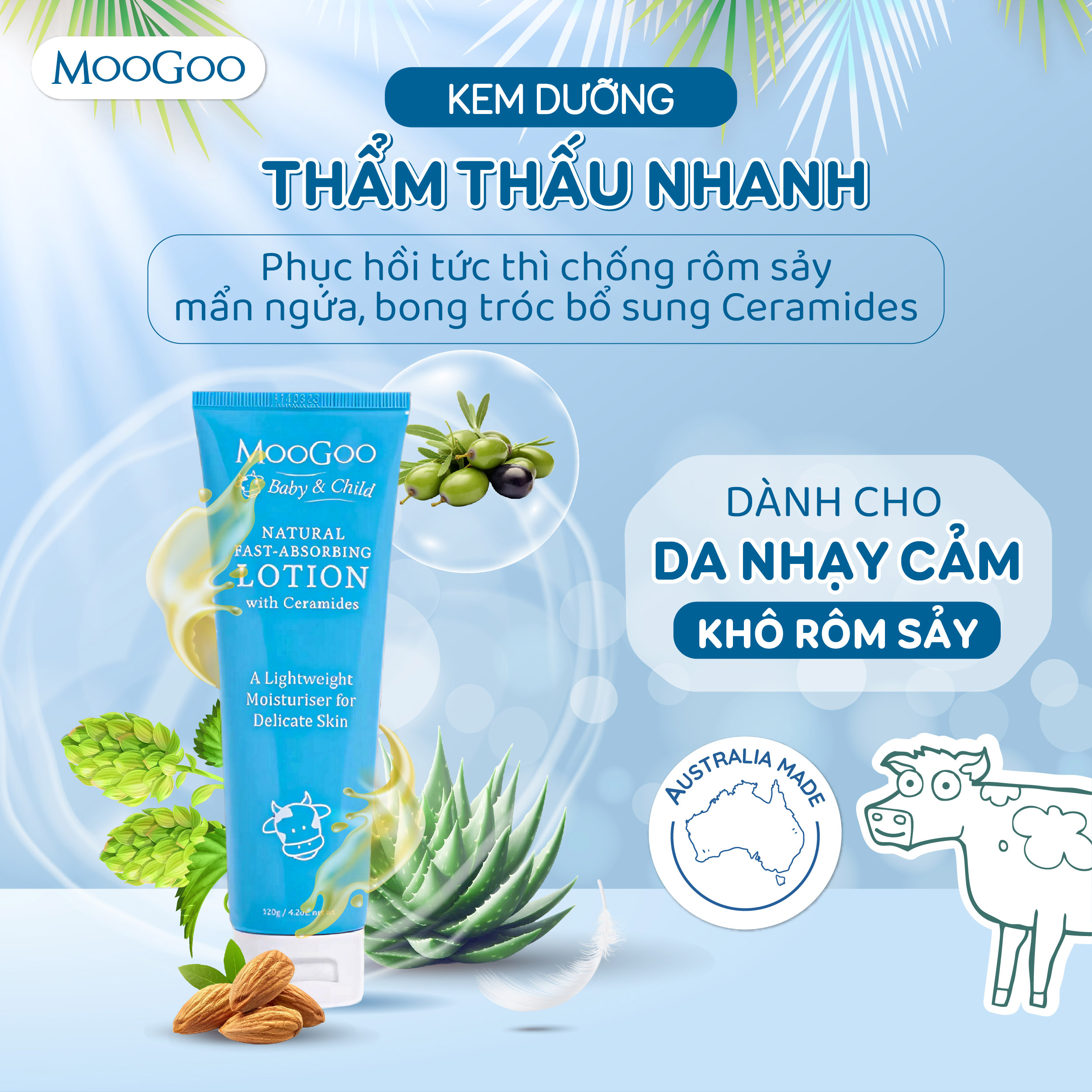 Kem dưỡng ẩm phục hồi khẩn cấp thẩm thấu nhanh chứa Ceramides cho da nhạy cảm, rôm sảy, chàm sữa, viêm cơ địa - Moogoo