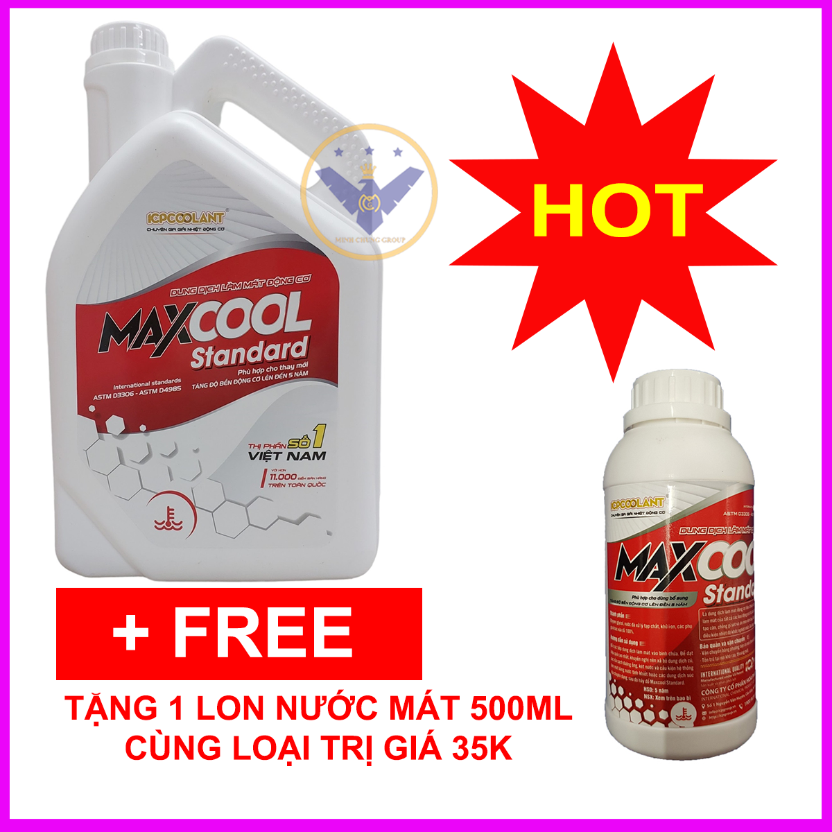 Nước làm mát động cơ xe ô tô, xe máy màu đỏ Maxcool Standard 4L tặng lon 500ml