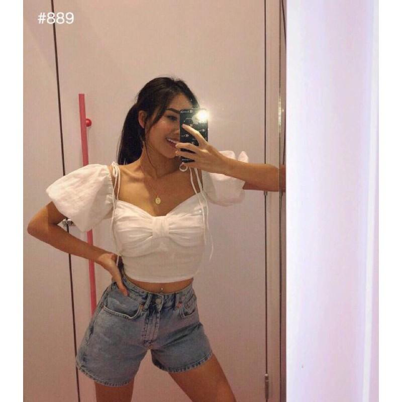 Áo croptop nhún cột nơ vai có 3 màu