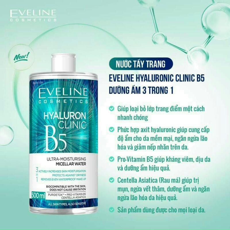 [Tặng rửa mặt dừa] Nước tẩy trang Eveline Hyaluron Clinic B5 dưỡng ẩm 3 trong 1 - chai 500ML