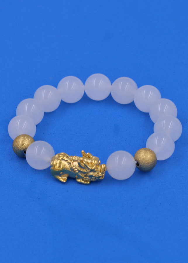 Chuỗi đeo tay Thạch Anh Trắng 12 ly - cẩn Tỳ Hưu Phong thủy inox vàng VTATTHHBV12 - hợp mệnh Kim, mệnh Thủy