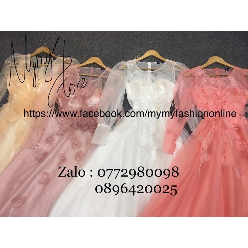 Đầm Maxi xoè tay dài phồng kết cườm và hoa nổi -MS202V- Size M/L đến 57kgMM MM