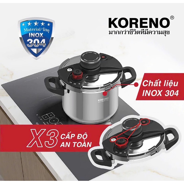 Nồi áp suất Inox 5L Koreno nấu bếp từ bếp ga thiết kế 3 van an toàn bảo hành 12 tháng