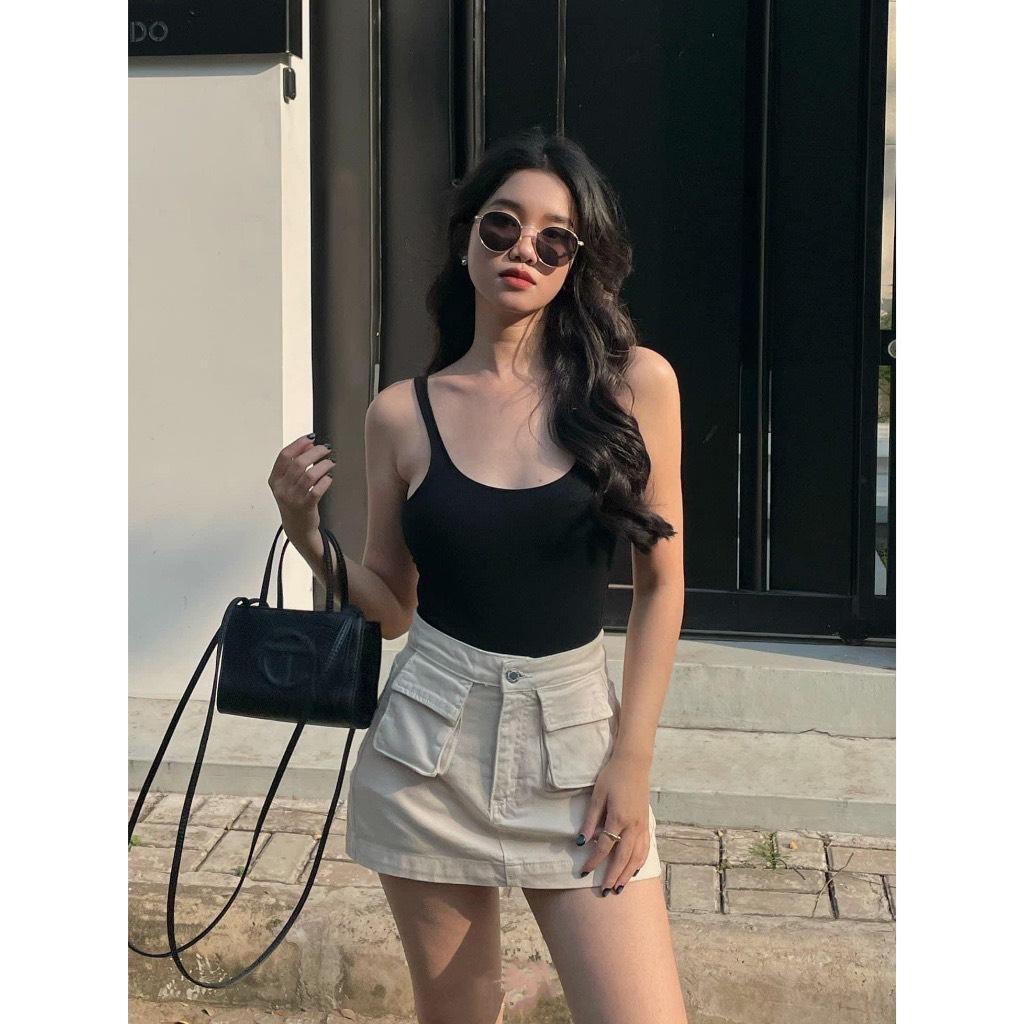Chân Váy KaKi Chữ A Túi Hộp Phong Cách Hàn Quốc Có Quần Trong Lên From Xinh
