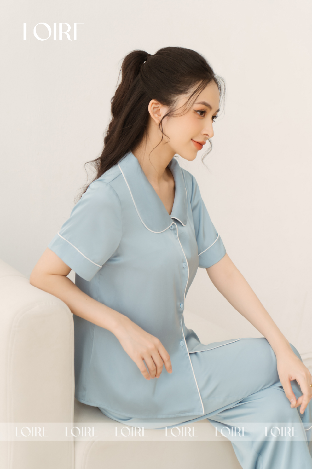 Bộ Pijama Lụa Cổ Sen Tròn Basic Loirechic LPN26