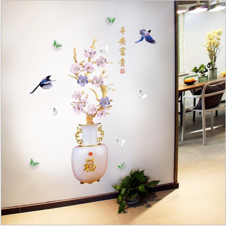 Decal trang trí tường - Chậu Hoa mẫu đơn xanh tím đẳng cấp