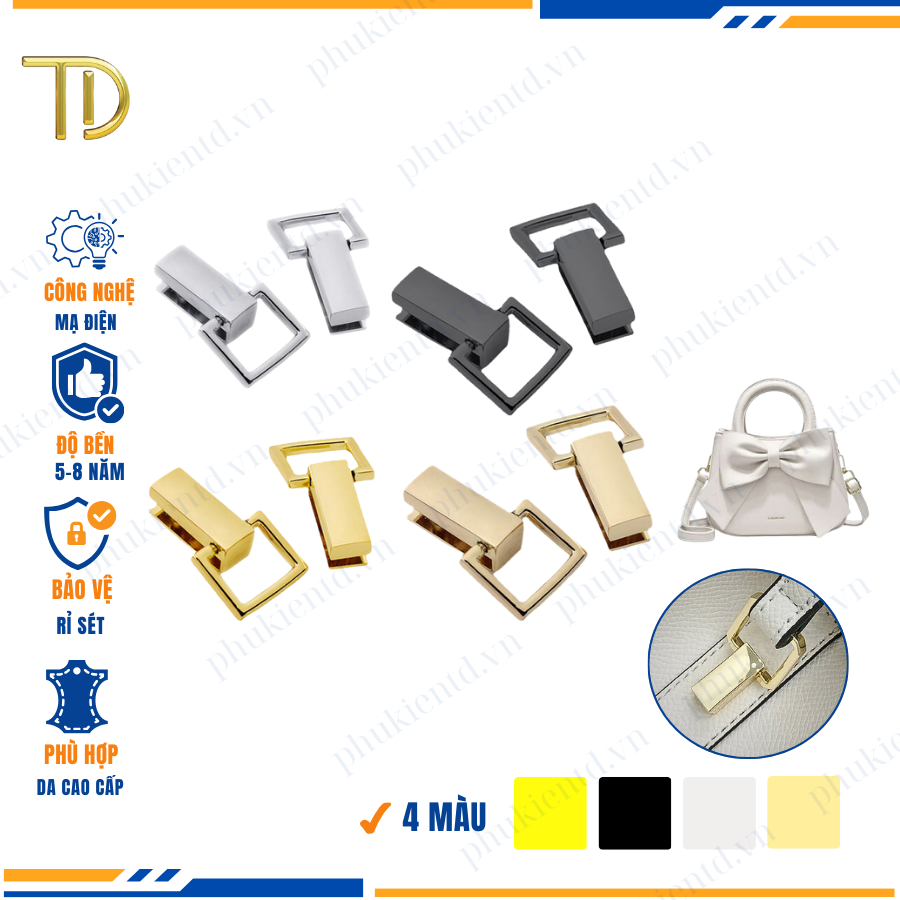 Nẹp túi xách, khoen d túi xách, khoen quai túi xách, công nghệ mạ điện độ bền 5 - 8 năm