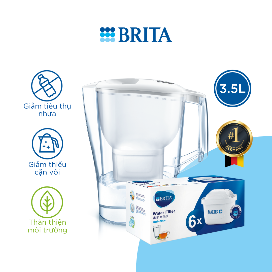 Combo Bình Lọc Nước BRITA Aluna XL White 3.5L kèm Hộp 6 lõi lọc BRITA Maxtra Plus - Hàng Chính Hãng