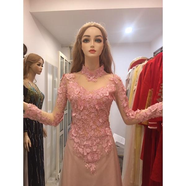 Áo dài cưới hồng đuôi dài thanh lý