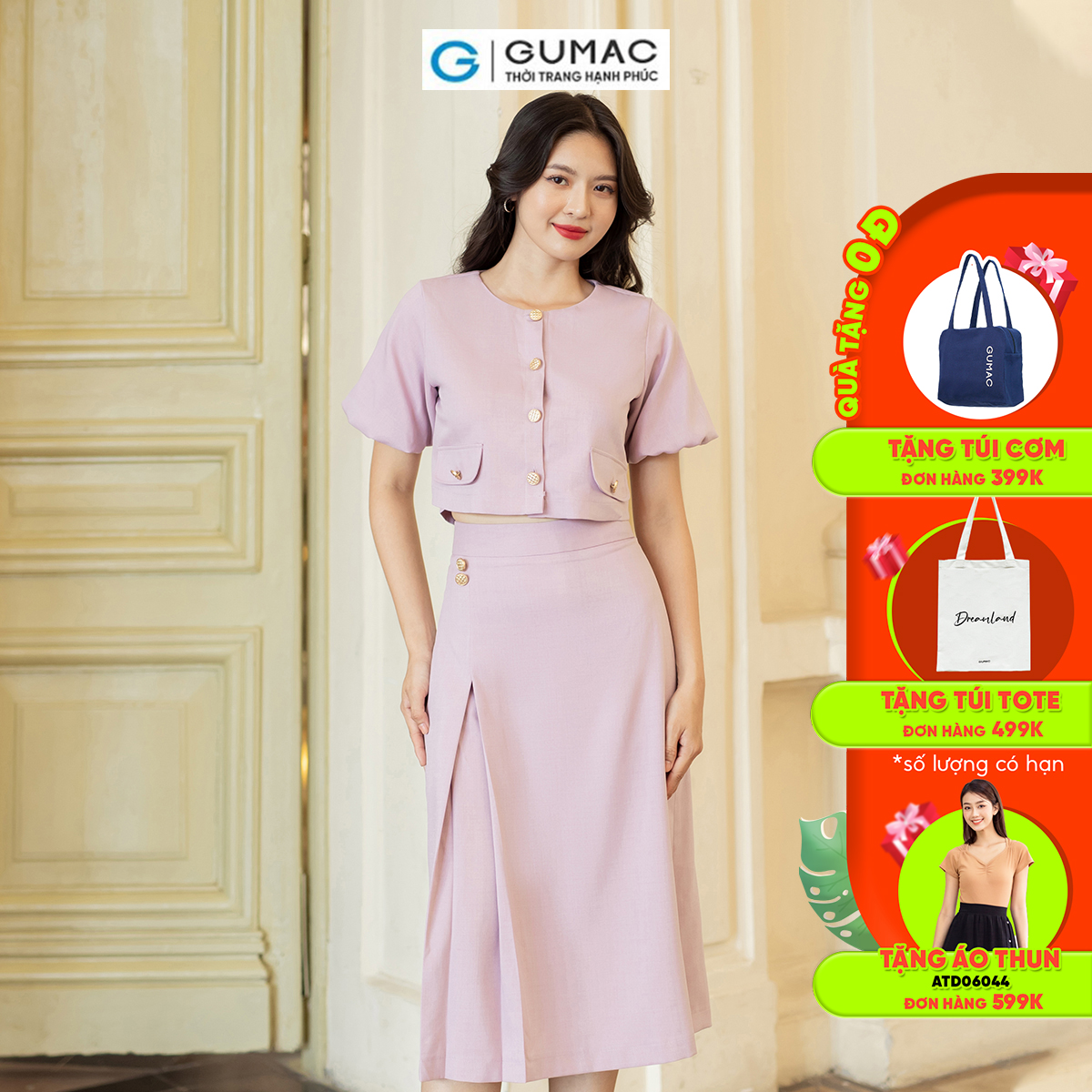 Set lẻ Áo ngắn tay bí thời trang GUMAC AD07011 - Chân váy A xếp ly thời trang GUMAC VD07012