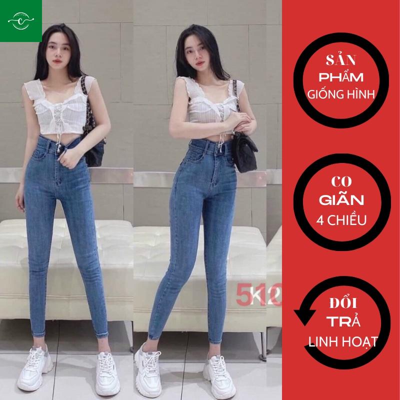 Quần Jean Co Giãn Lưng Cao, Quần Bò Nữ Dáng Ôm Trơn Cuốn Lai VoZoDo 510