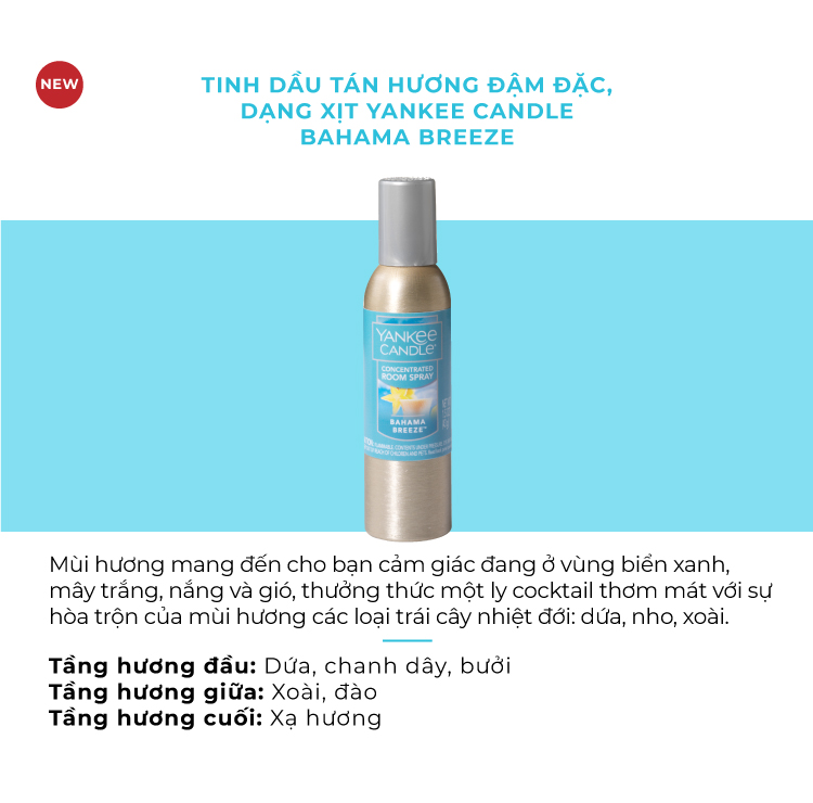 Tinh dầu tán hương đậm đặc dạng xịt Yankee Candle - Bahama Breeze