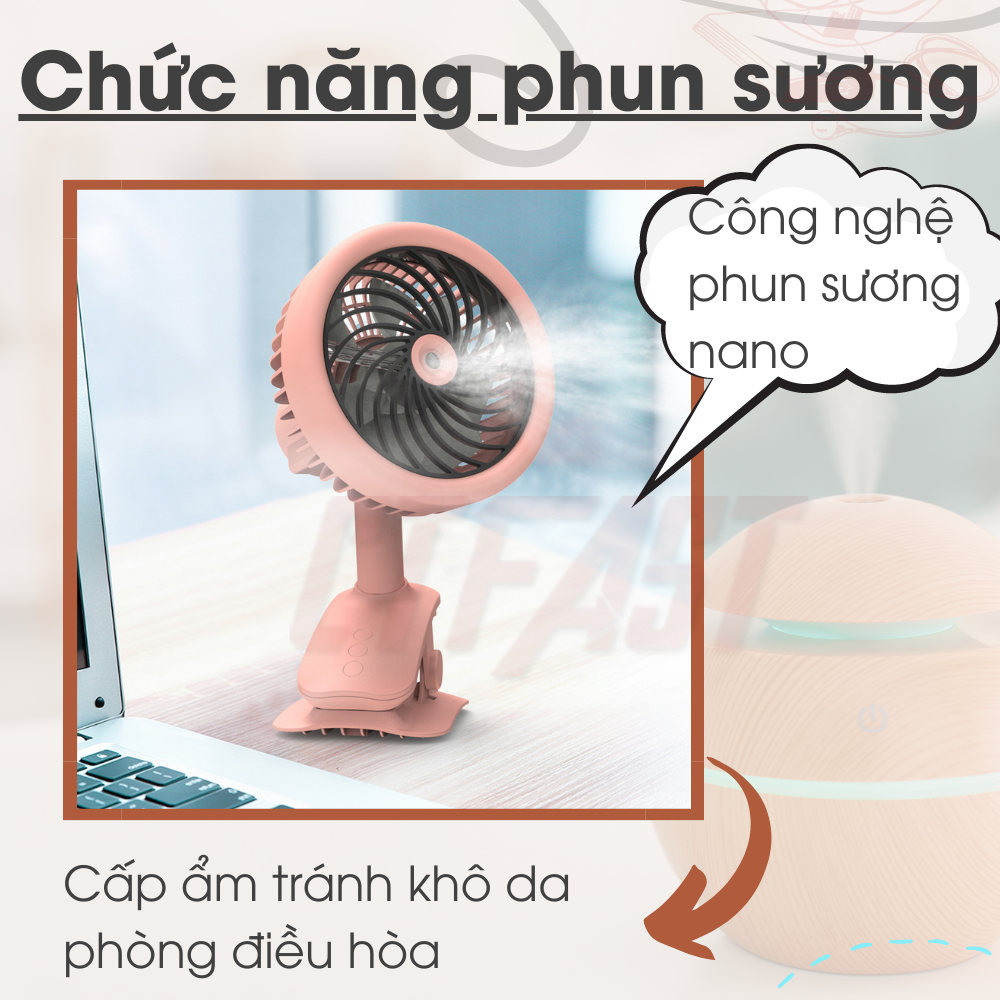 Quạt mini để bàn CTFAST W14 : Quạt tích điện cầm tay dạng kẹp tùy chỉnh 3 tốc độ gió, thiết kế 2 trong 1 kết hợp  làm mát, không gây ồn, túp năng quay điều chỉnh hướng gió 360 độ - Hàng chính hãng