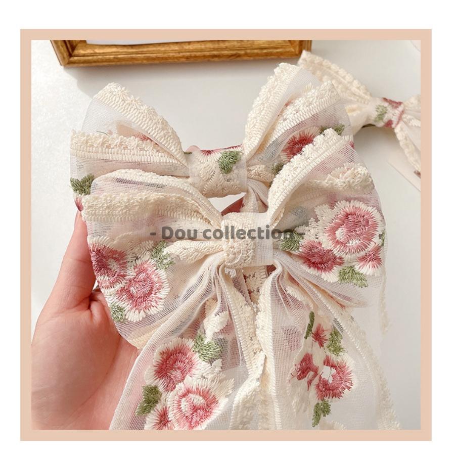 Kẹp Tóc Nơ Ren Họa Tiết Hoa Thêu Cao Cấp Tiểu Thư HANDMADE - Mã KT017