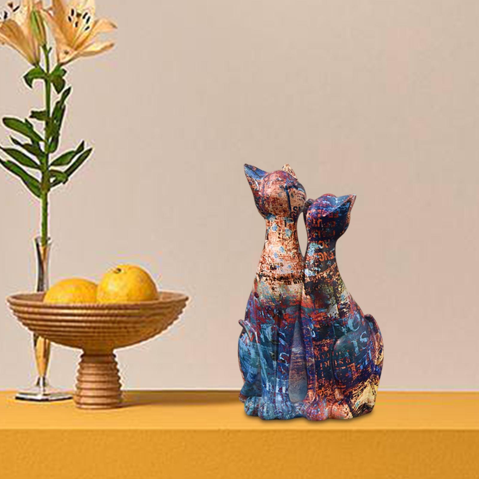 Couple Cat Statues Animals Sculpture Desktop Kitty Figures Resin Figurines