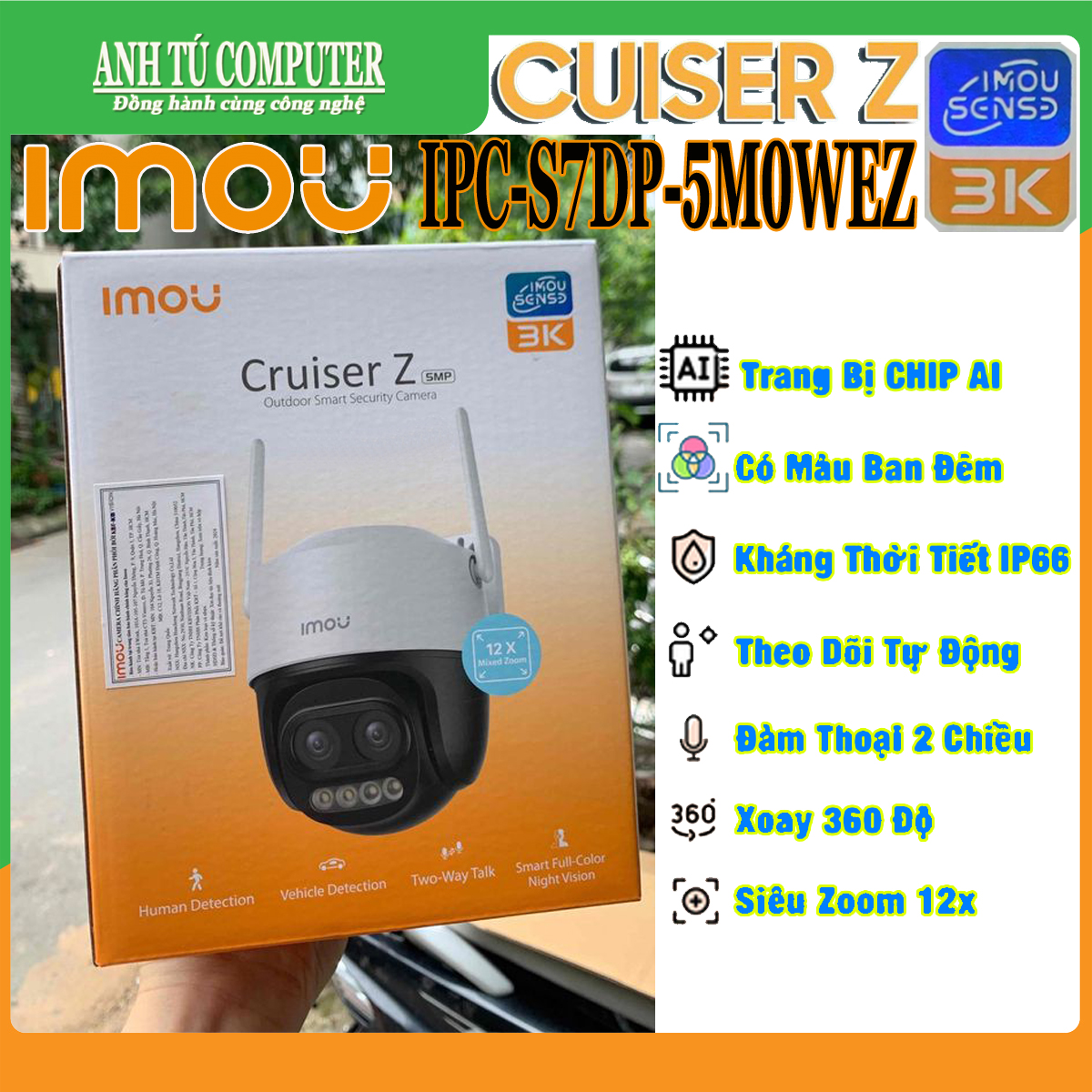 Camera Wifi PTZ 5MP 3K Imou Cruiser Z IPC-S7DP-5M0WEZ hàng chính hãng