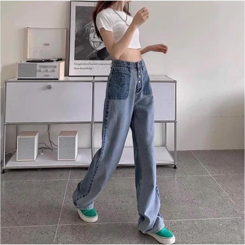 Quần jeans nữ ống rộng phối nút hot trend