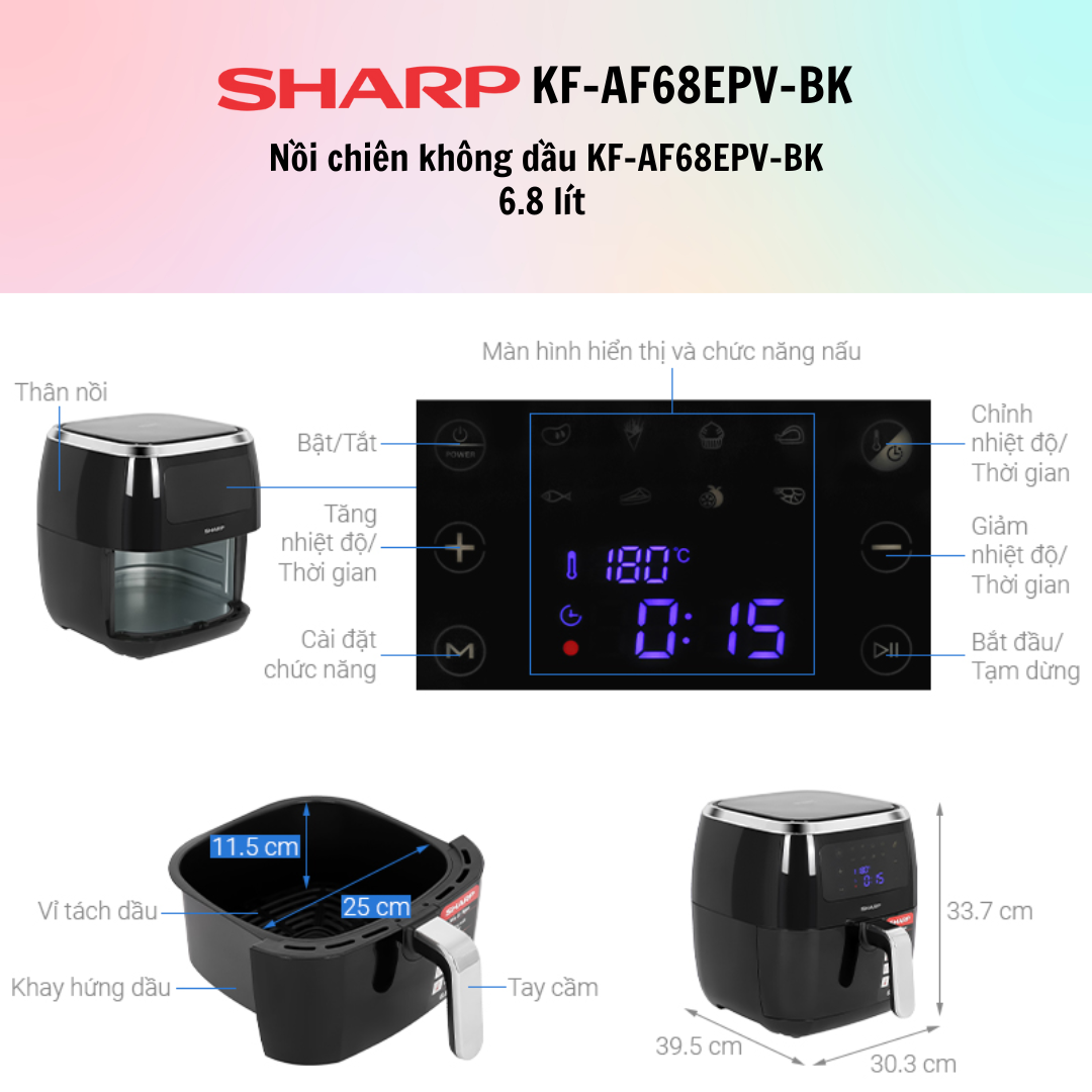 Nồi chiên không dầu Sharp KF-AF68EPV-BK 6.8 lít (điều khiển cảm ứng)  / Nồi chiên không dầu Sharp KF-AF60EV-BK 6 lít  (điều khiển cảm ứng, núm vặn) - Hàng Chính Hãng - Bảo Hành 12 Tháng