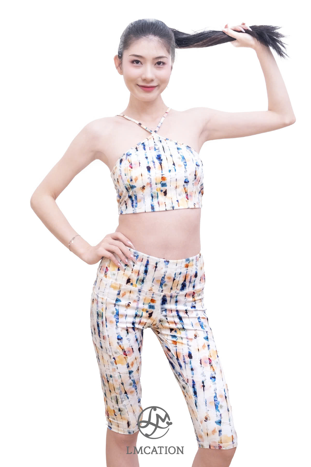 Bộ đồ thể thao LMcation - Áo ngực thể thao cổ yếm Sophie &amp; Quần lửng thể thao trên gối túi 2 bên - Sọc đủ màu